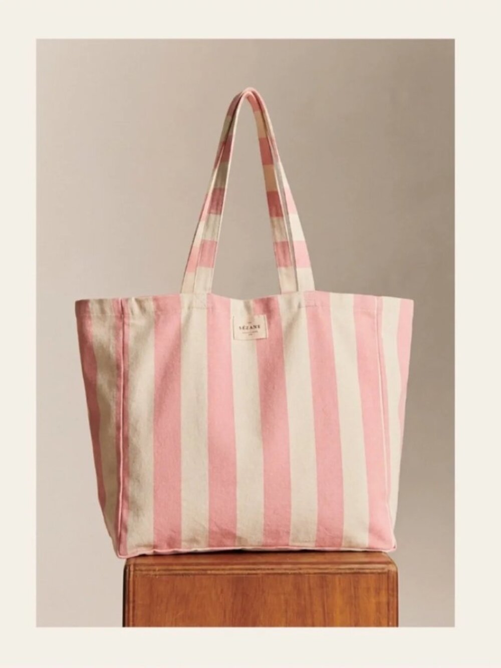 Sézane Pink & Cream Striped Canvas Tote Bag